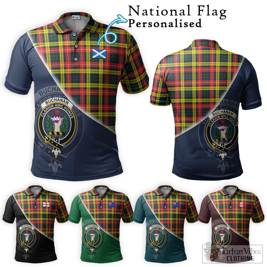 Buchanan Modern Tartan Polo Shirt with Personalised National Flag and Family Crest Half Style Maroon - Tartanvibesclothing Shop