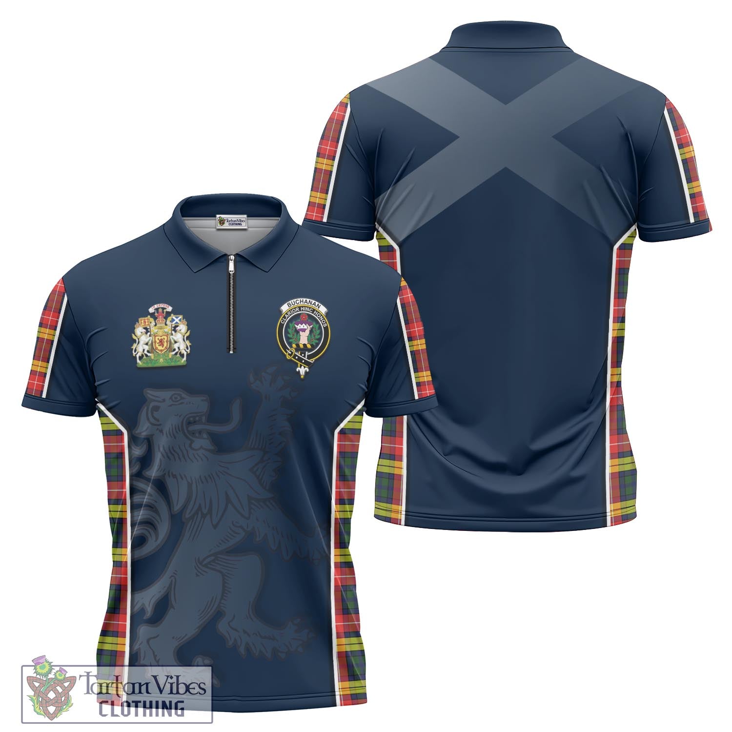 Tartan Vibes Clothing Buchanan Modern Tartan Zipper Polo Shirt with Family Crest and Lion Rampant Vibes Sport Style