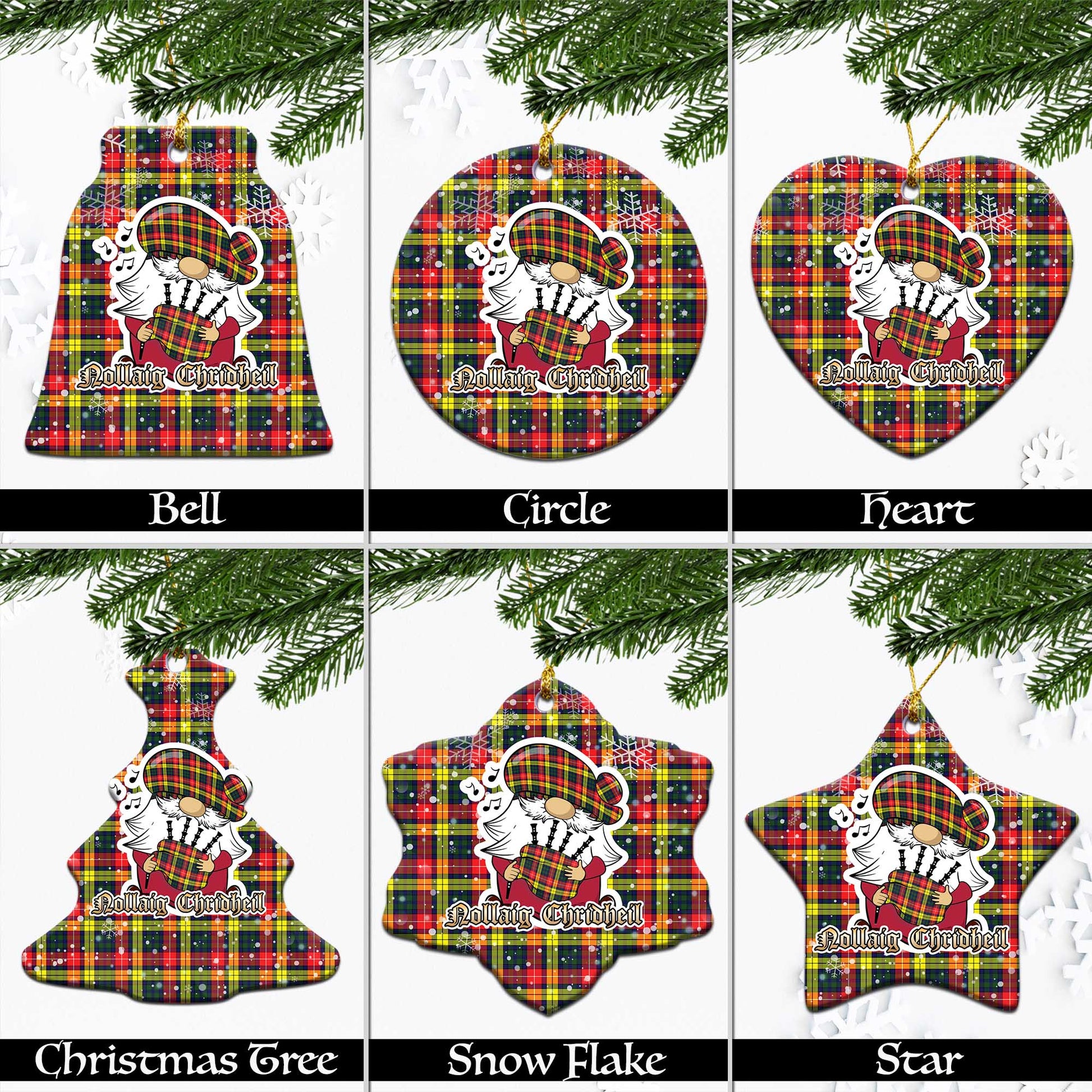 Buchanan Modern Tartan Christmas Ornaments with Scottish Gnome Playing Bagpipes Ceramic - Tartanvibesclothing