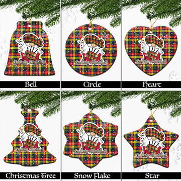 Buchanan Modern Tartan Christmas Ceramic Ornaments with Scottish Gnome Playing Bagpipes