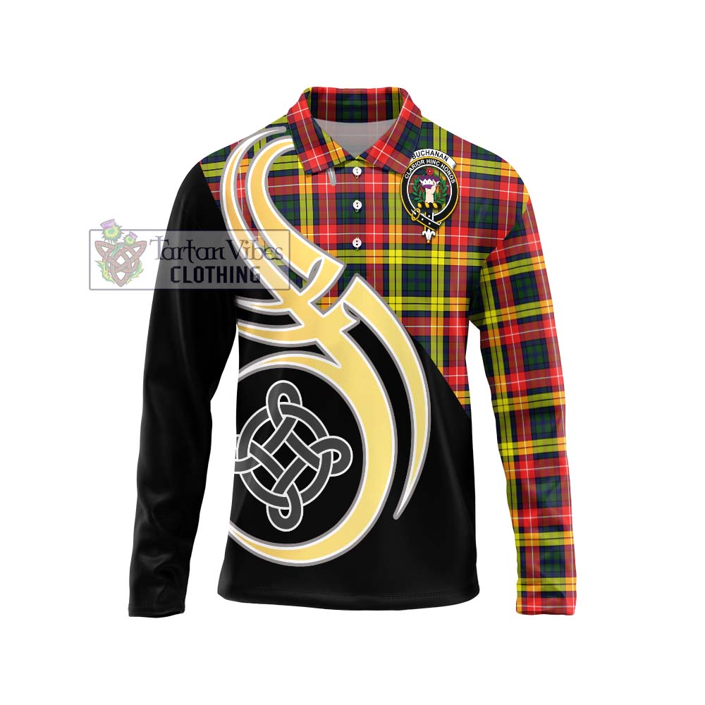 Buchanan Modern Tartan Long Sleeve Polo Shirt with Family Crest and Celtic Symbol Style Unisex - Tartan Vibes Clothing