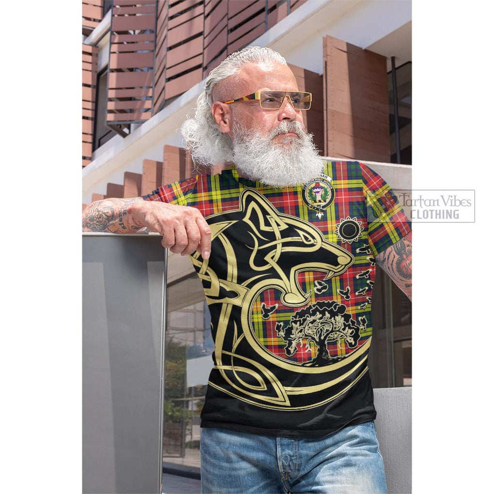 Tartan Vibes Clothing Buchanan Modern Tartan Cotton T-shirt with Family Crest Celtic Wolf Style