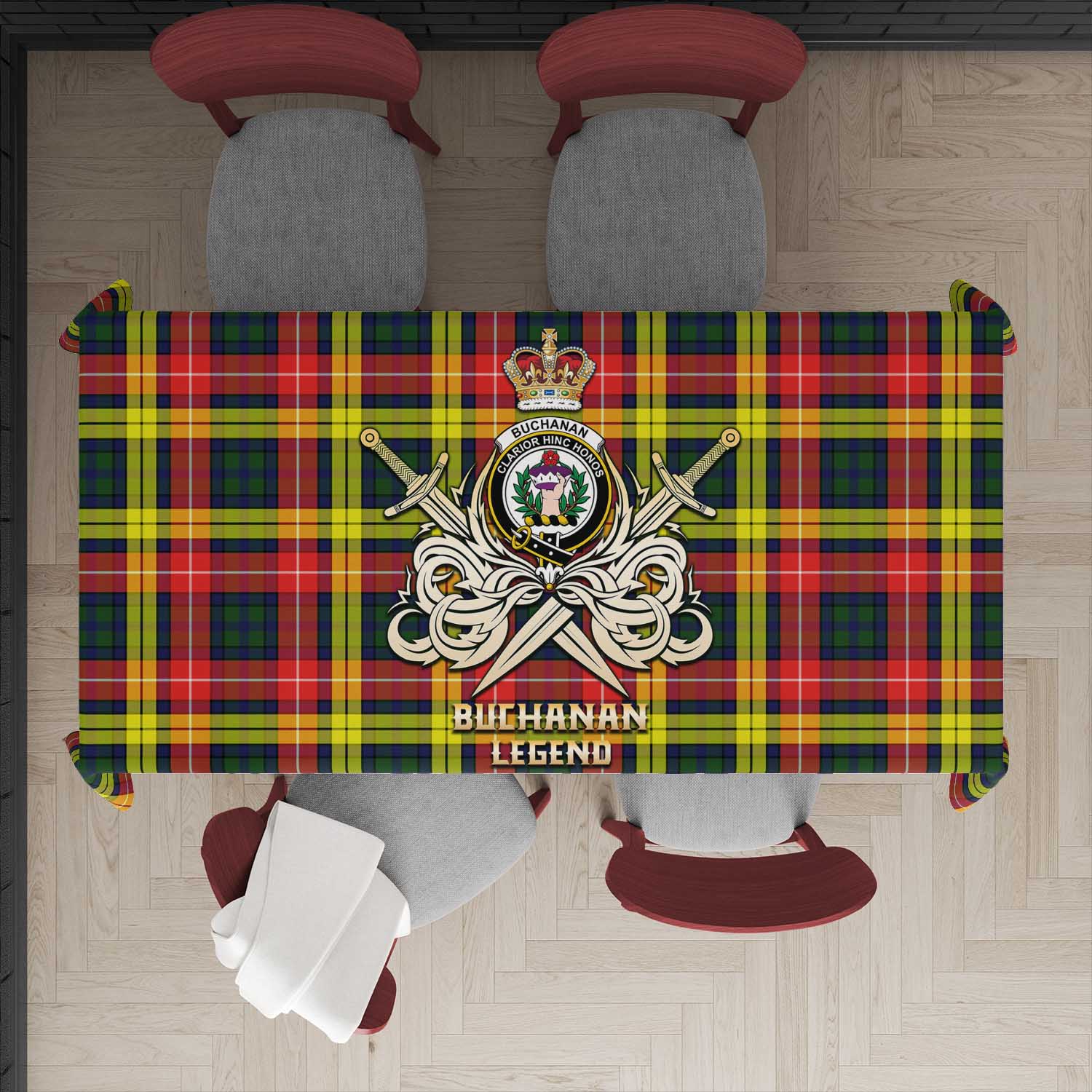 Tartan Vibes Clothing Buchanan Modern Tartan Tablecloth with Clan Crest and the Golden Sword of Courageous Legacy