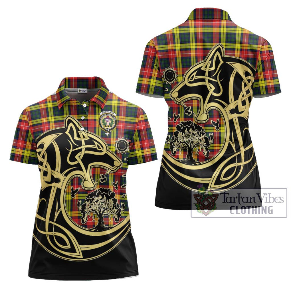 Buchanan Modern Tartan Women's Polo Shirt with Family Crest Celtic Wolf Style Women - Tartanvibesclothing Shop