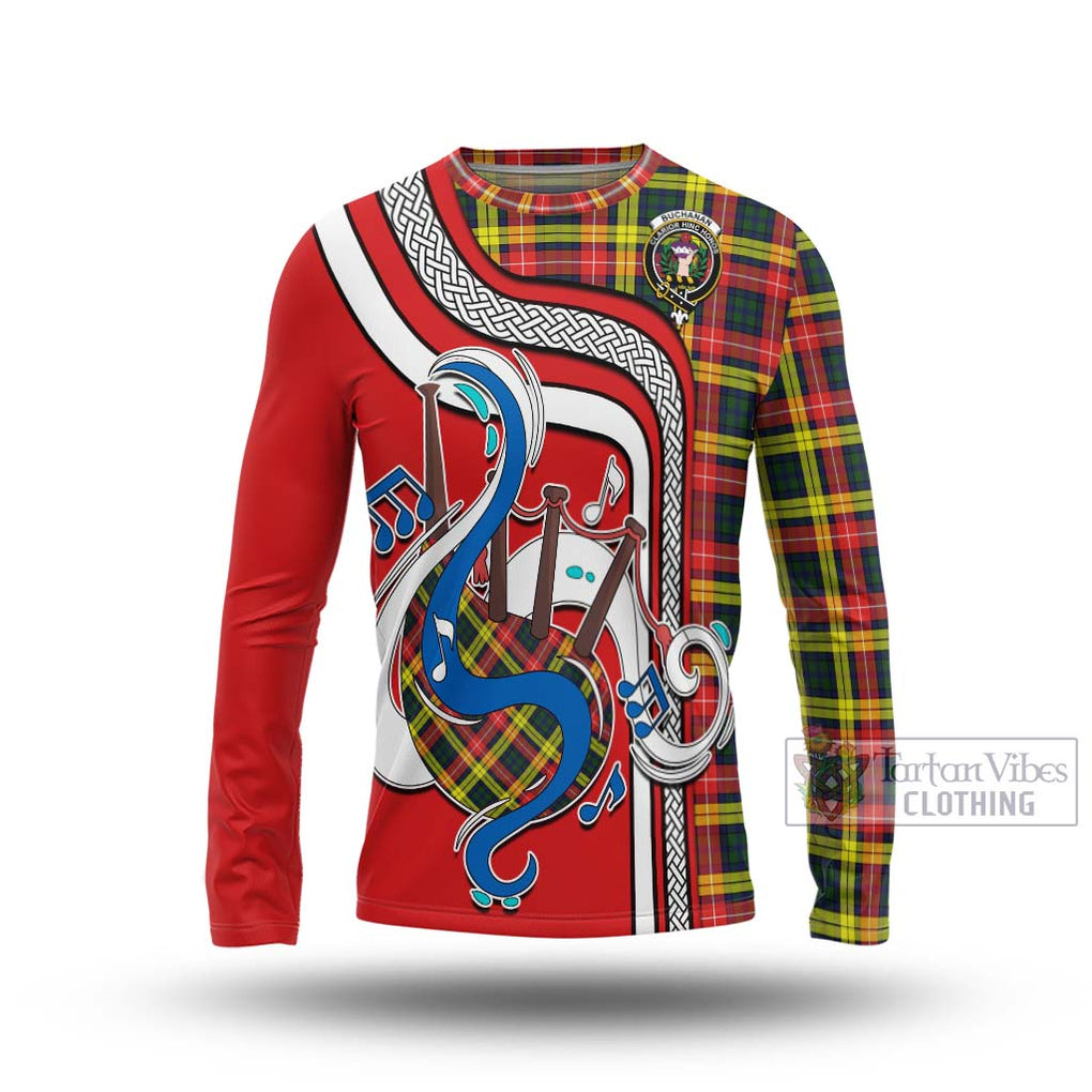 Tartan Vibes Clothing Buchanan Modern Tartan Long Sleeve T-Shirt with Epic Bagpipe Style