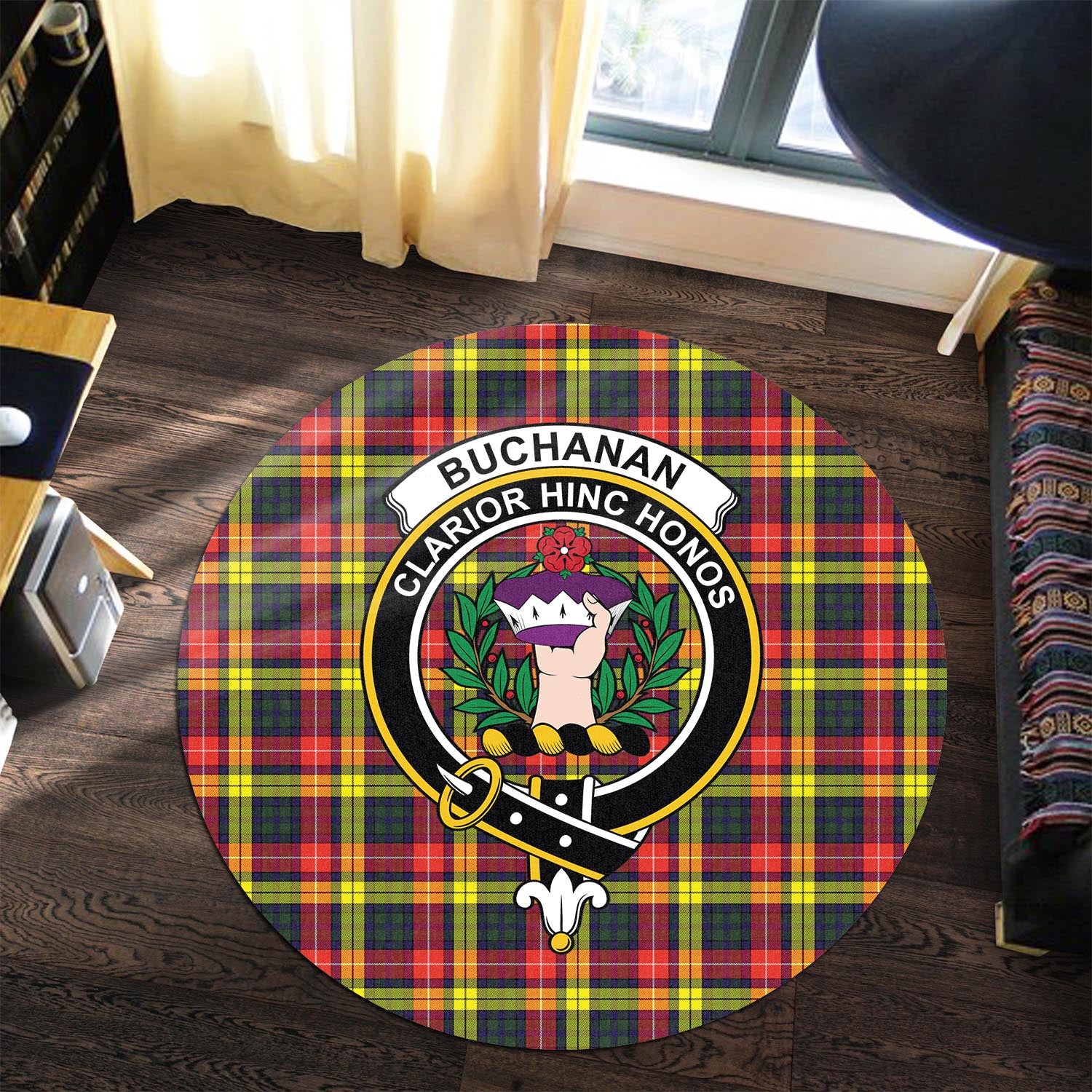 Buchanan Modern Tartan Round Rug with Family Crest - Tartanvibesclothing