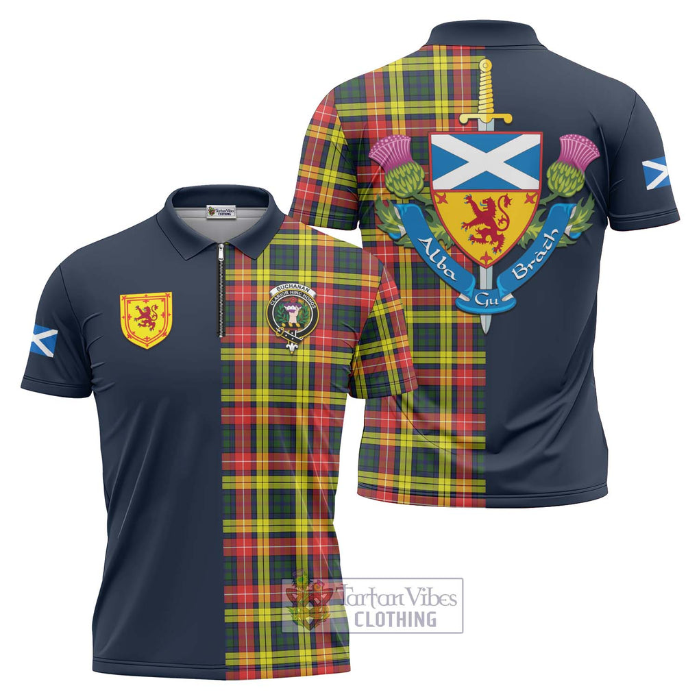 Tartan Vibes Clothing Buchanan Modern Tartan Zipper Polo Shirt with Scottish Lion Royal Arm Half Style