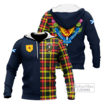 Buchanan Modern Tartan Knitted Hoodie Alba with Scottish Lion Royal Arm Half Style