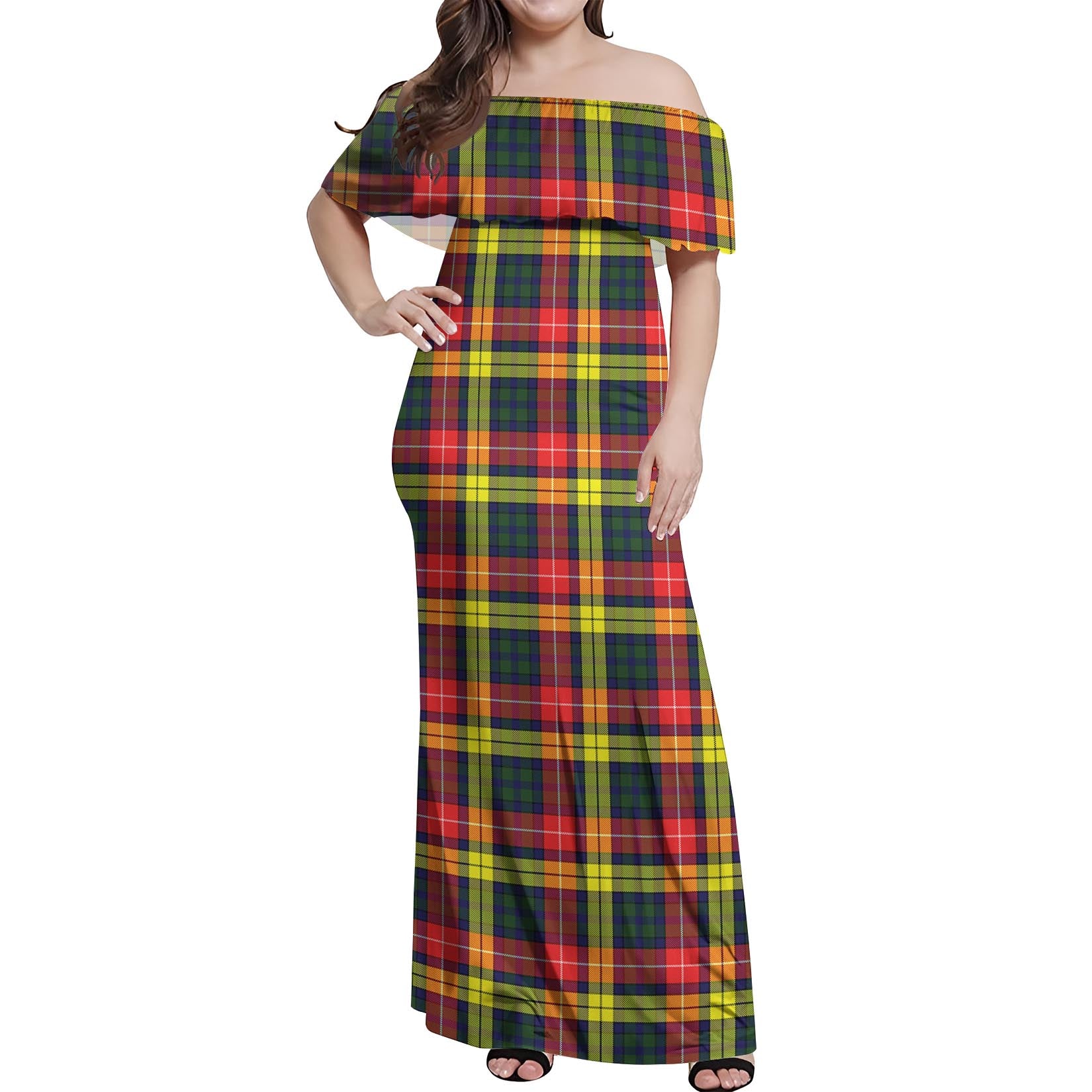 Buchanan Modern Tartan Off Shoulder Long Dress Women's Dress - Tartanvibesclothing