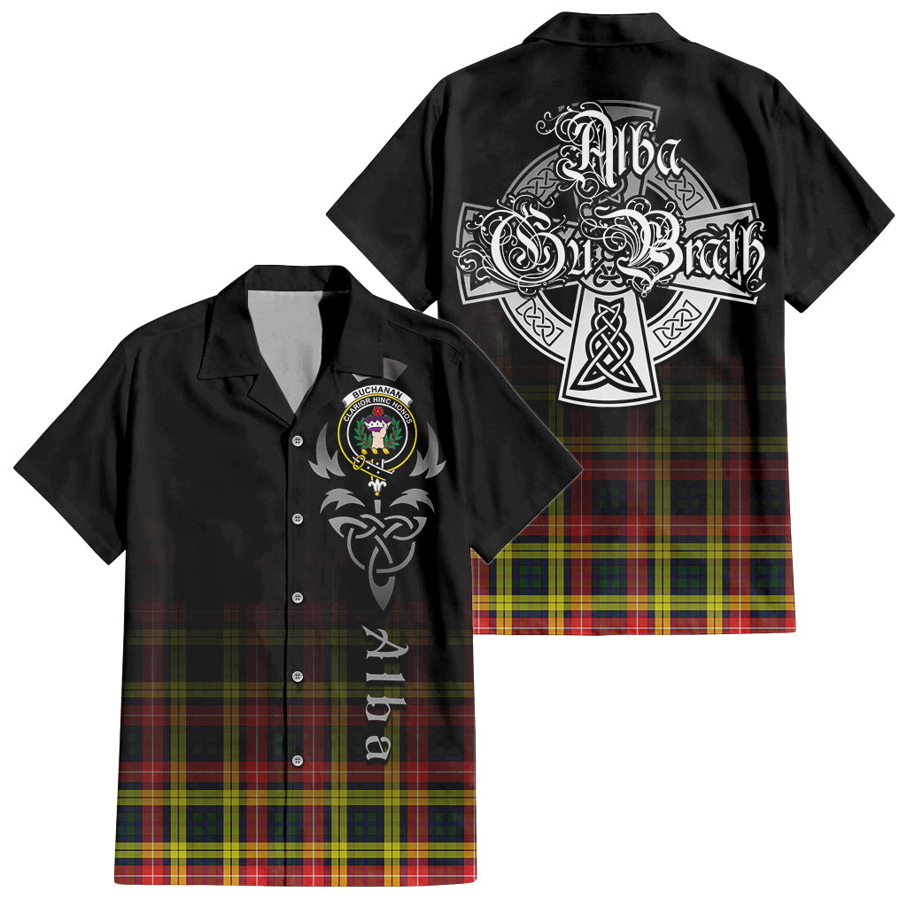 Tartan Vibes Clothing Buchanan Modern Tartan Short Sleeve Button Up Featuring Alba Gu Brath Family Crest Celtic Inspired