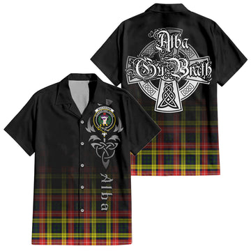 Buchanan Modern Tartan Short Sleeve Button Up Shirt Featuring Alba Gu Brath Family Crest Celtic Inspired