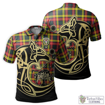 Buchanan Modern Tartan Polo Shirt with Family Crest Celtic Wolf Style