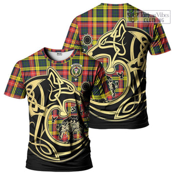 Buchanan Modern Tartan T-Shirt with Family Crest Celtic Wolf Style