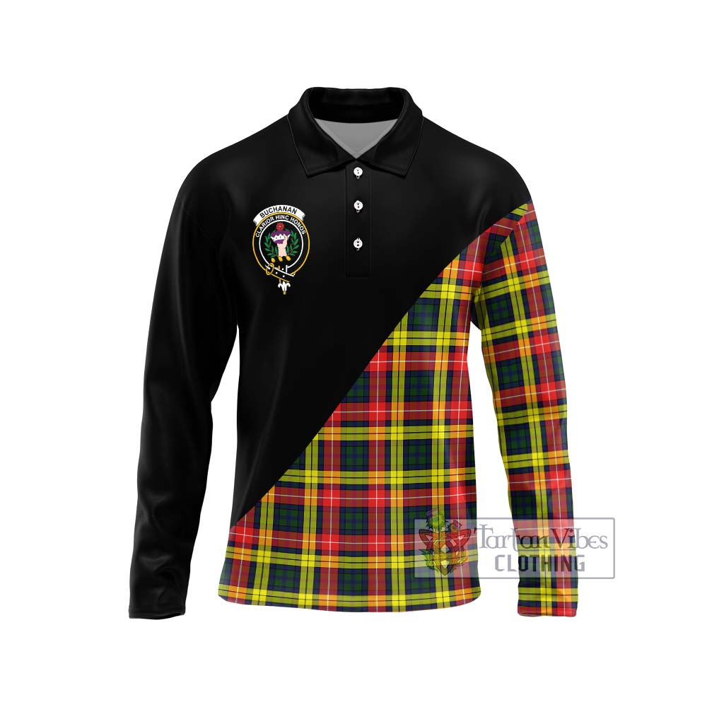 Buchanan Modern Tartan Long Sleeve Polo Shirt with Family Crest and Military Logo Style Unisex - Tartanvibesclothing Shop