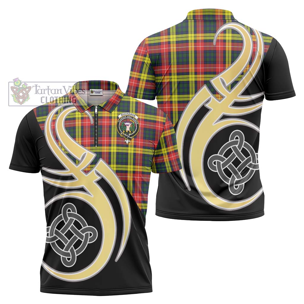 Tartan Vibes Clothing Buchanan Modern Tartan Zipper Polo Shirt with Family Crest and Celtic Symbol Style