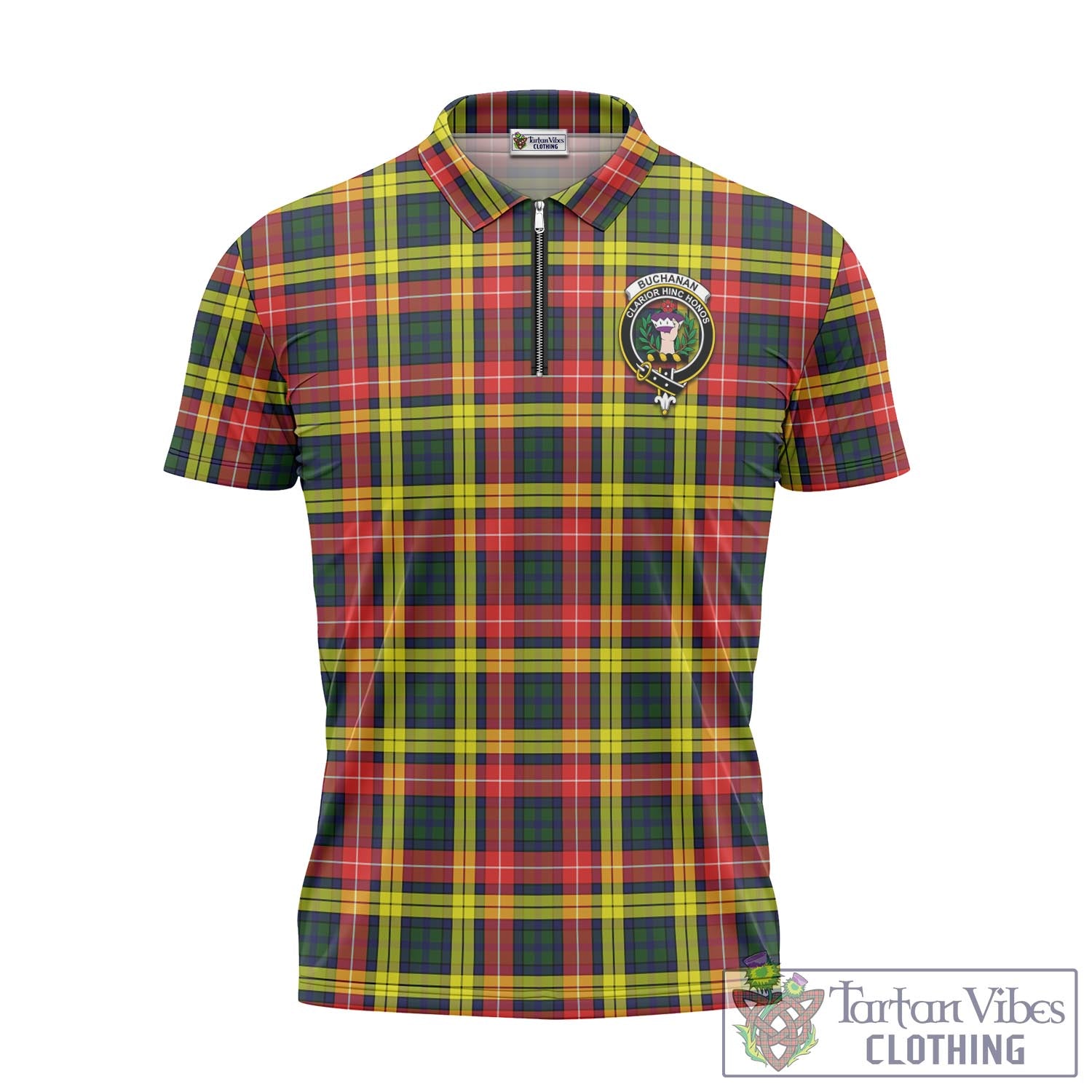 Tartan Vibes Clothing Buchanan Modern Tartan Zipper Polo Shirt with Family Crest