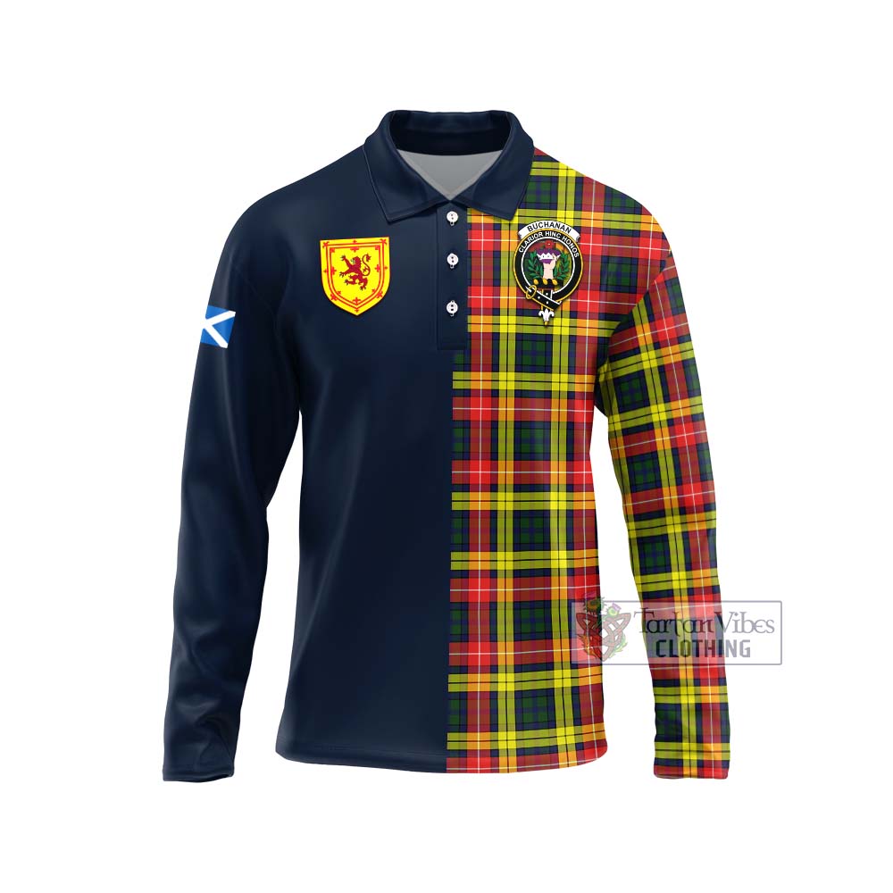 Tartan Vibes Clothing Buchanan Modern Tartan Long Sleeve Polo Shirt with Scottish Lion Royal Arm Half Style