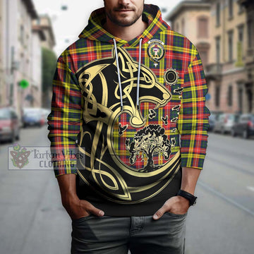 Buchanan Modern Tartan Hoodie with Family Crest Celtic Wolf Style