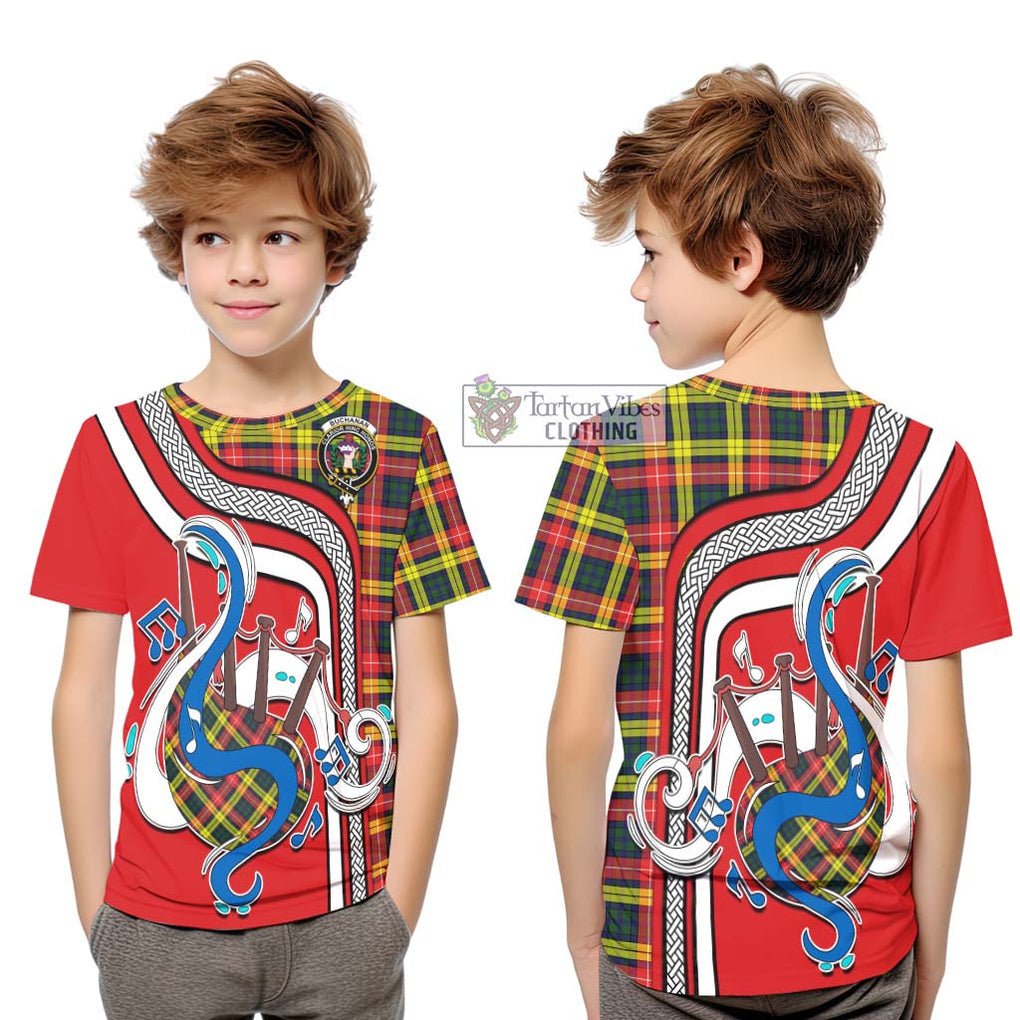 Tartan Vibes Clothing Buchanan Modern Tartan Kid T-Shirt with Epic Bagpipe Style