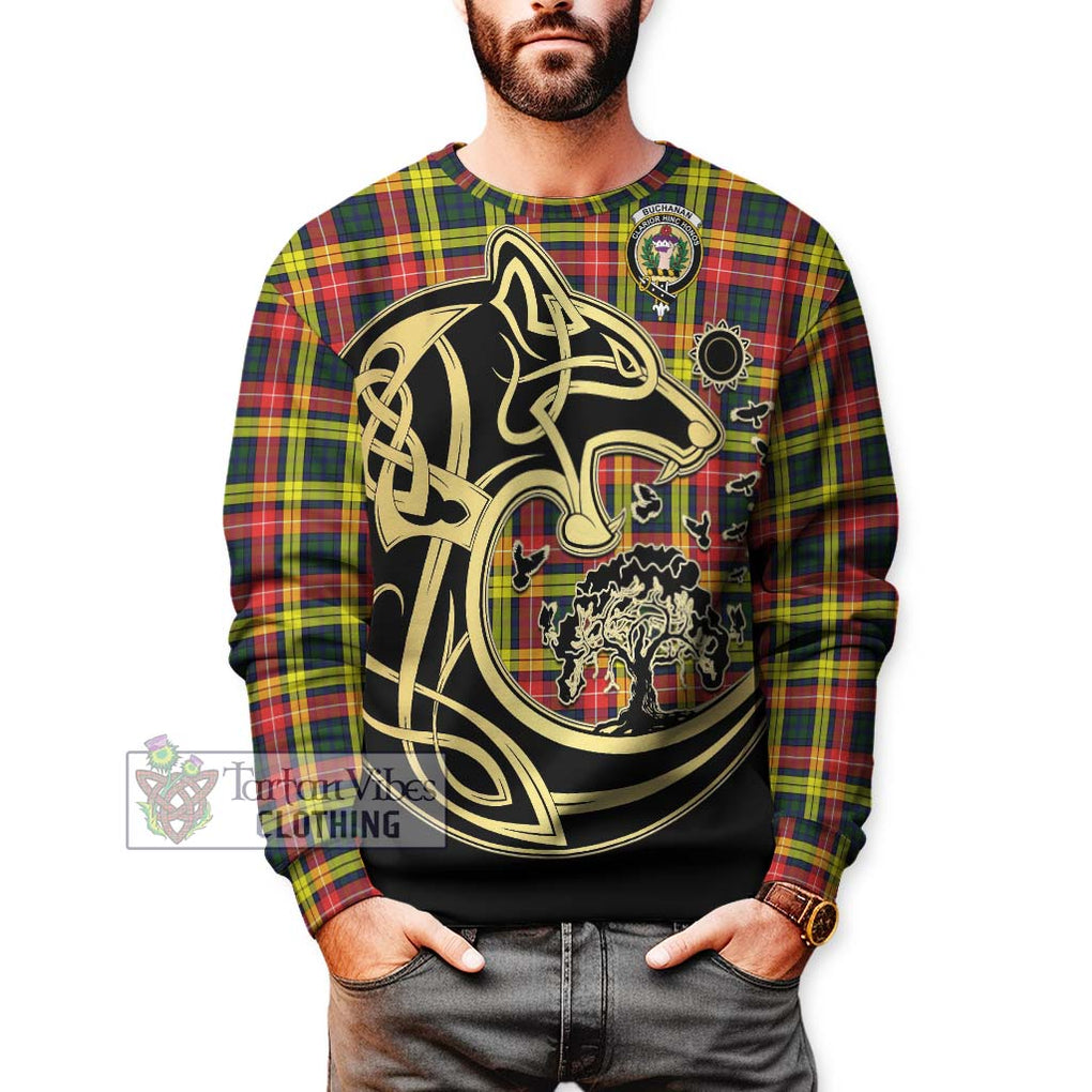 Buchanan Modern Tartan Sweatshirt with Family Crest Celtic Wolf Style Unisex - Tartan Vibes Clothing