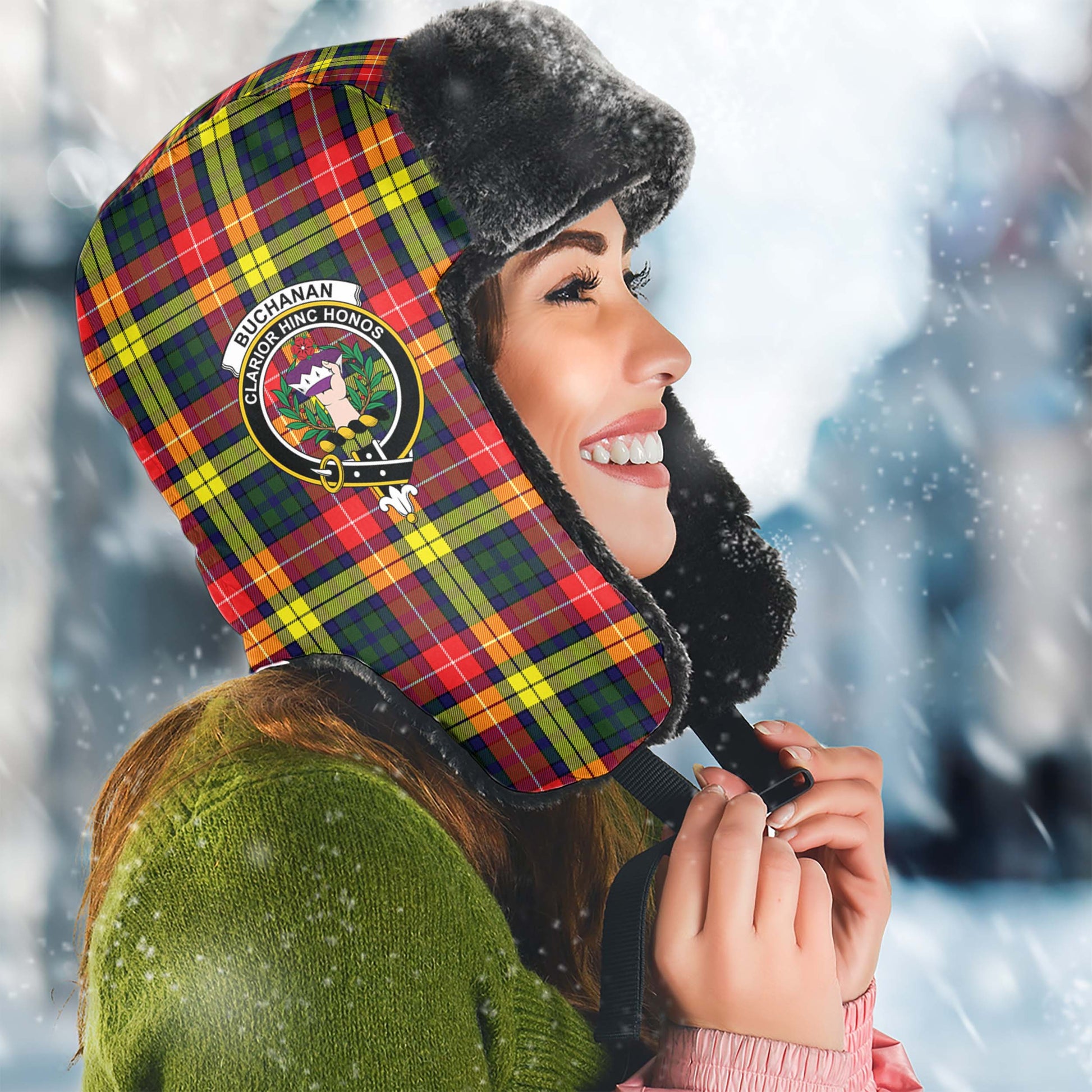 Buchanan Modern Tartan Winter Trapper Hat with Family Crest Winter Trapper Hat Universal Fit Circumference 22.8in (58cm) - Tartanvibesclothing