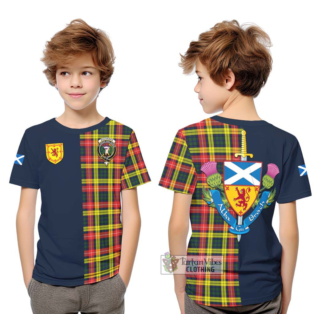 Tartan Vibes Clothing Buchanan Modern Tartan Kid T-Shirt with Scottish Lion Royal Arm Half Style