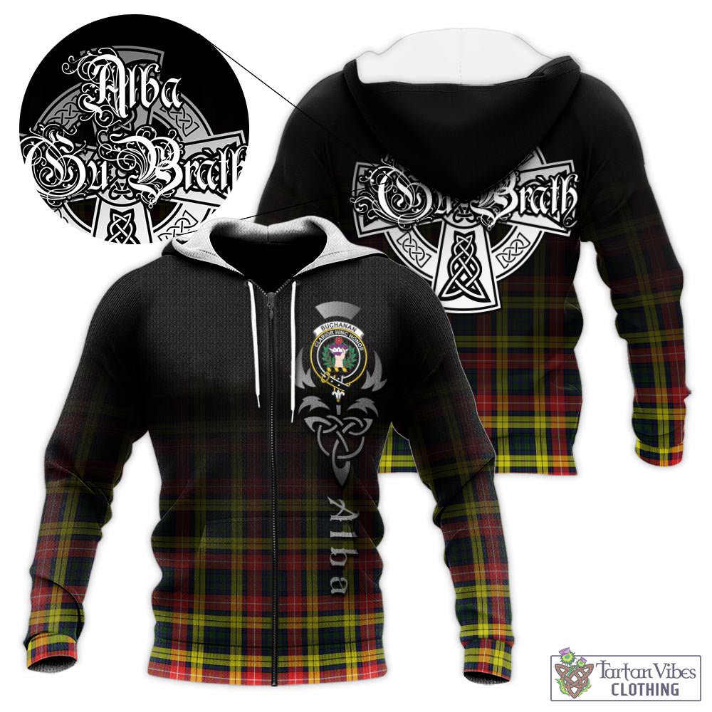 Tartan Vibes Clothing Buchanan Modern Tartan Knitted Hoodie Featuring Alba Gu Brath Family Crest Celtic Inspired