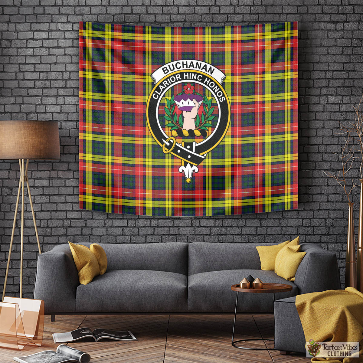 Tartan Vibes Clothing Buchanan Modern Tartan Tapestry Wall Hanging and Home Decor for Room with Family Crest