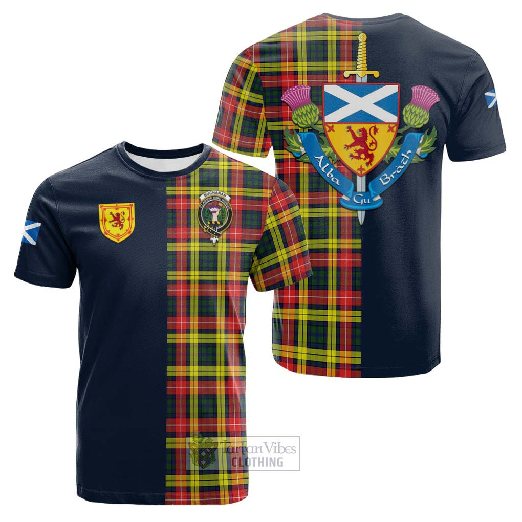 Tartan Vibes Clothing Buchanan Modern Tartan Cotton T-shirt with Scottish Lion Royal Arm Half Style