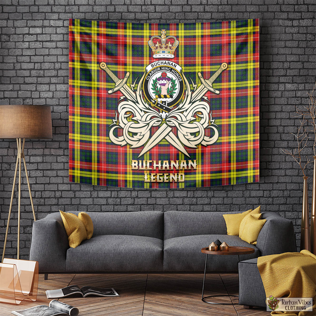 Tartan Vibes Clothing Buchanan Modern Tartan Tapestry with Clan Crest and the Golden Sword of Courageous Legacy