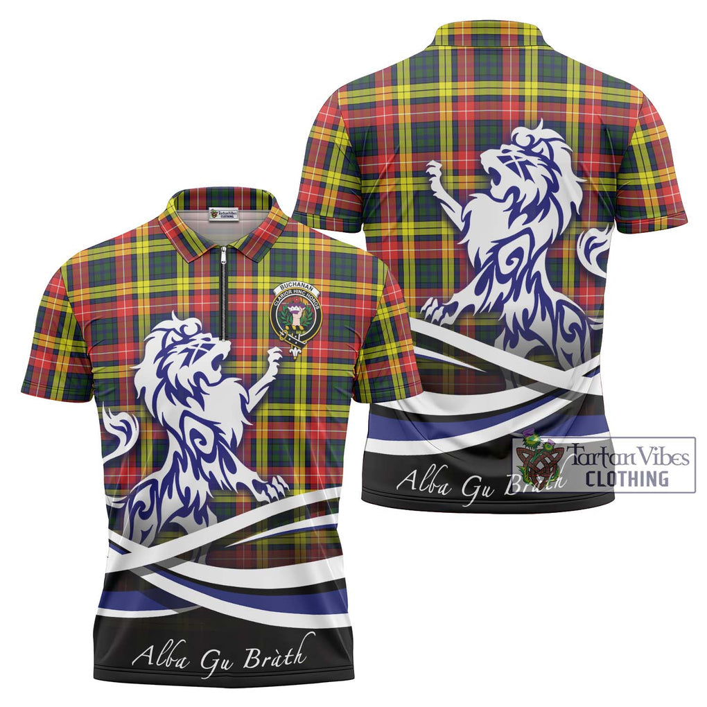 Buchanan Modern Tartan Zipper Polo Shirt with Alba Gu Brath Regal Lion Emblem Unisex - Tartanvibesclothing Shop