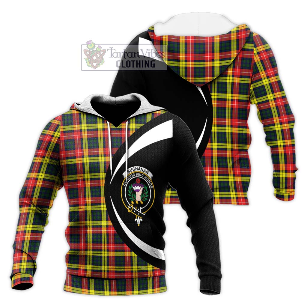 Buchanan Modern Tartan Knitted Hoodie with Family Crest Circle Style Unisex Knitted Pullover Hoodie - Tartan Vibes Clothing