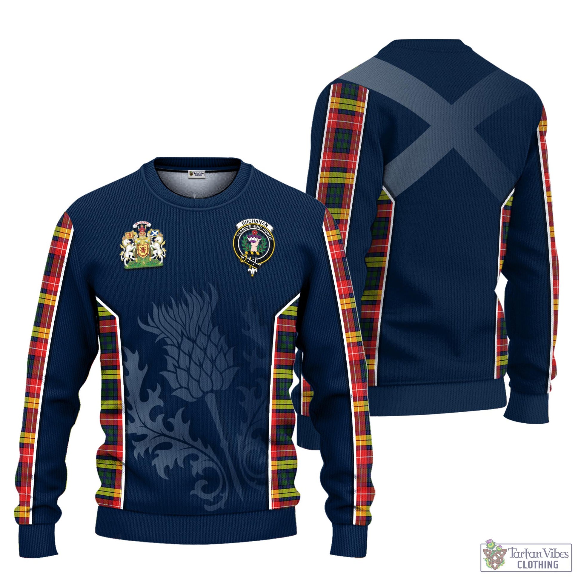 Tartan Vibes Clothing Buchanan Modern Tartan Knitted Sweatshirt with Family Crest and Scottish Thistle Vibes Sport Style