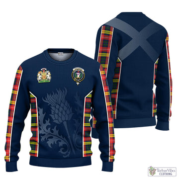 Buchanan Modern Tartan Knitted Sweatshirt with Family Crest and Scottish Thistle Vibes Sport Style