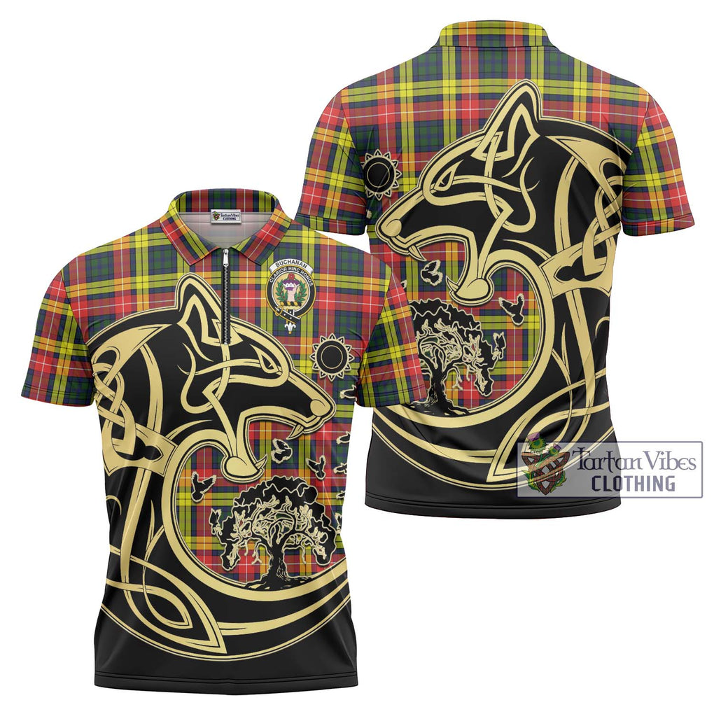 Buchanan Modern Tartan Zipper Polo Shirt with Family Crest Celtic Wolf Style Unisex - Tartanvibesclothing Shop