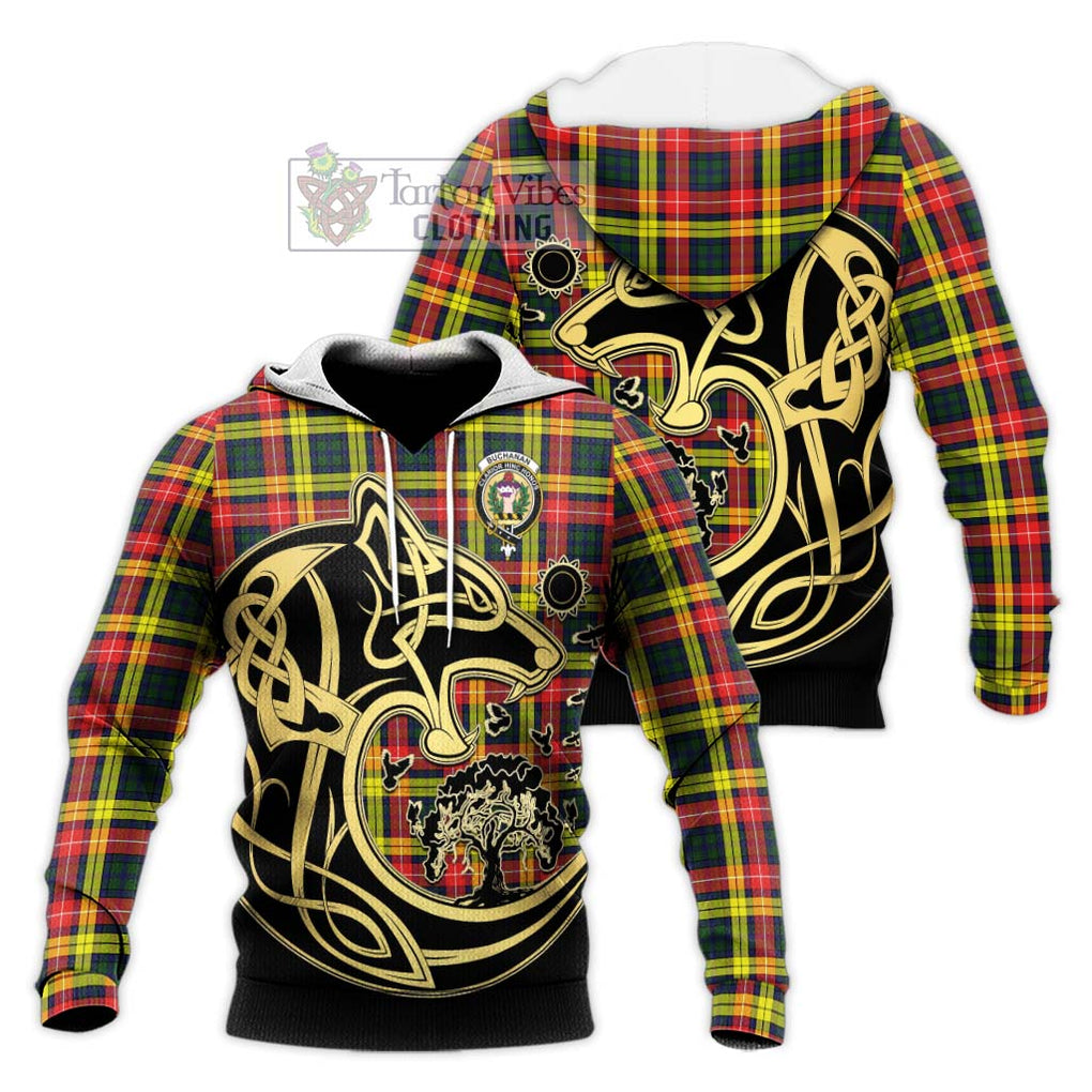 Buchanan Modern Tartan Knitted Hoodie with Family Crest Celtic Wolf Style Unisex Knitted Pullover Hoodie - Tartan Vibes Clothing