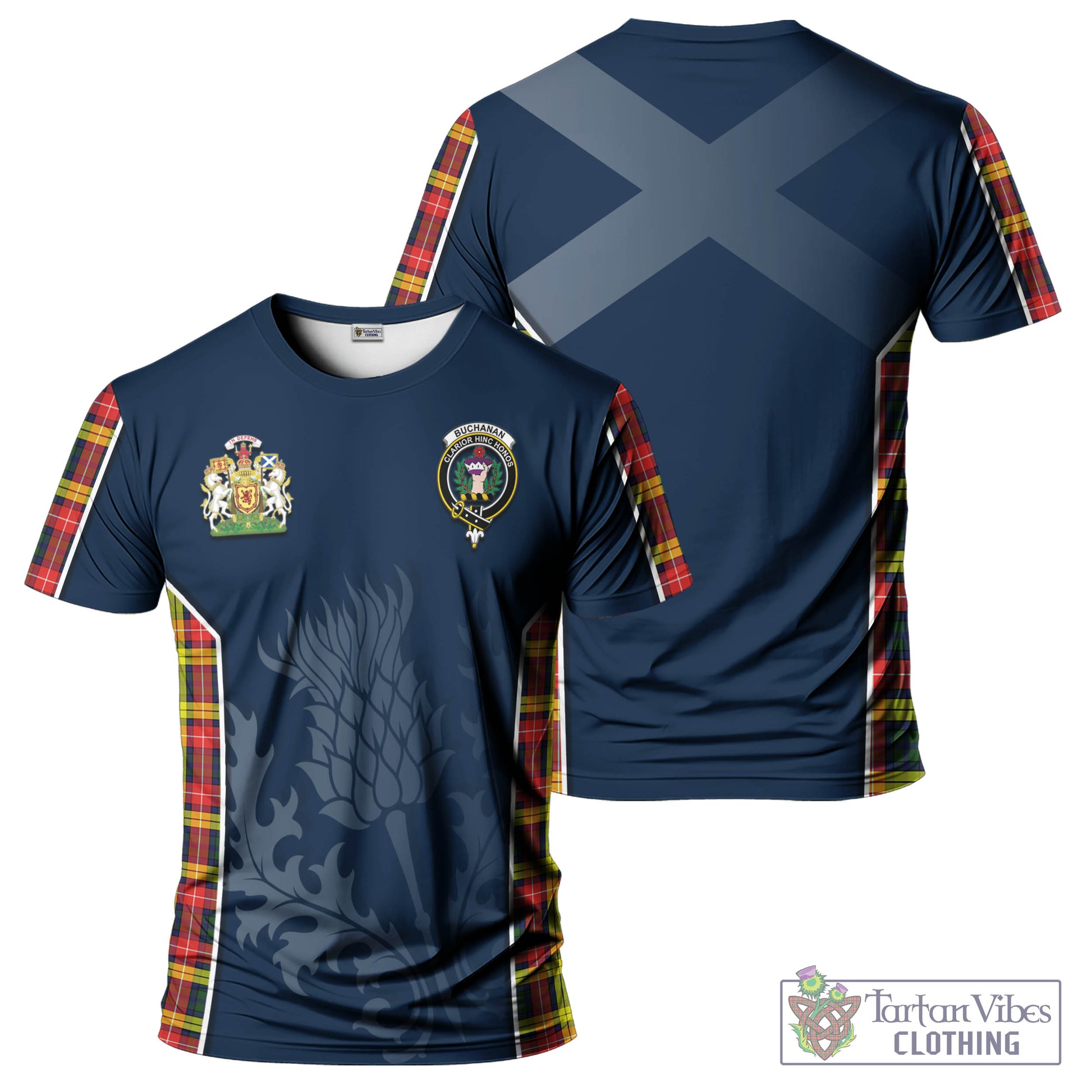 Tartan Vibes Clothing Buchanan Modern Tartan T-Shirt with Family Crest and Scottish Thistle Vibes Sport Style