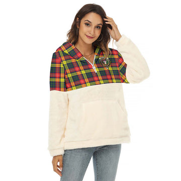 Buchanan Modern Tartan Women's Borg Fleece Hoodie With Half Zip with Family Crest