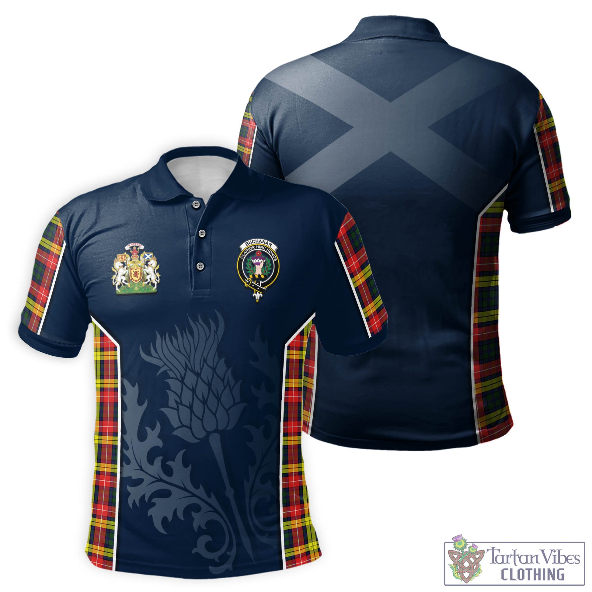 Tartan Vibes Clothing Buchanan Modern Tartan Men's Polo Shirt with Family Crest and Scottish Thistle Vibes Sport Style