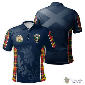 Buchanan Modern Tartan Men's Polo Shirt with Family Crest and Scottish Thistle Vibes Sport Style