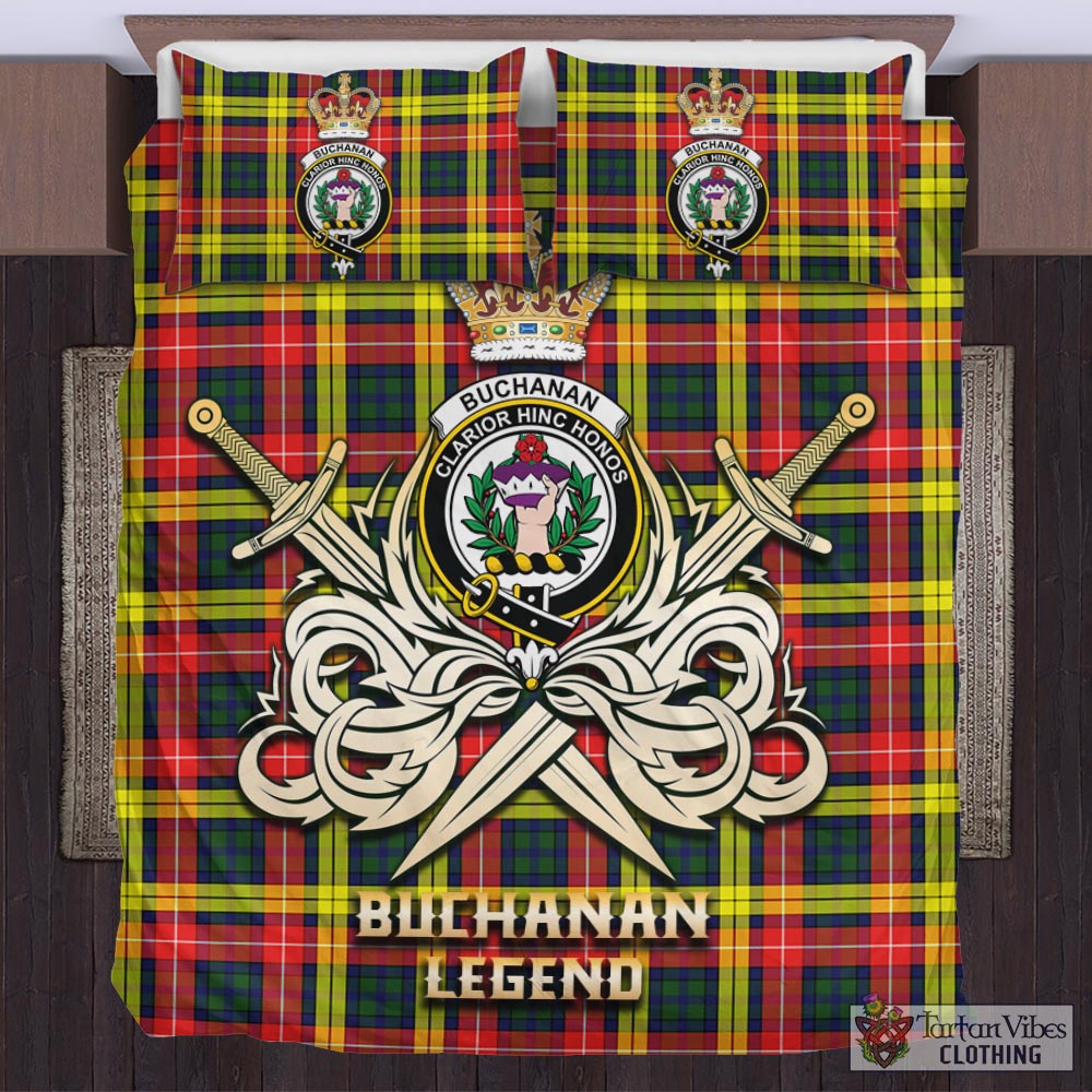 Tartan Vibes Clothing Buchanan Modern Tartan Bedding Set with Clan Crest and the Golden Sword of Courageous Legacy