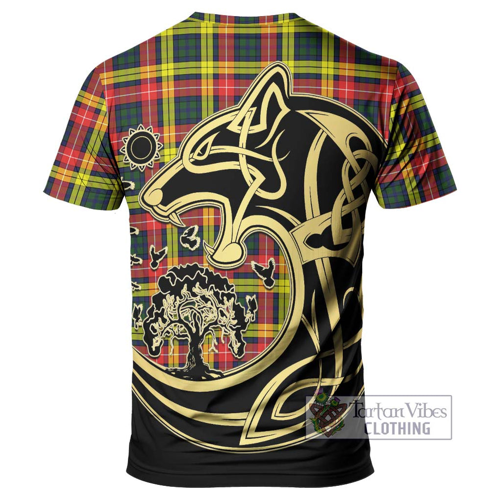 Buchanan Modern Tartan T-Shirt with Family Crest Celtic Wolf Style - Tartan Vibes Clothing