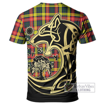 Buchanan Modern Tartan T-Shirt with Family Crest Celtic Wolf Style