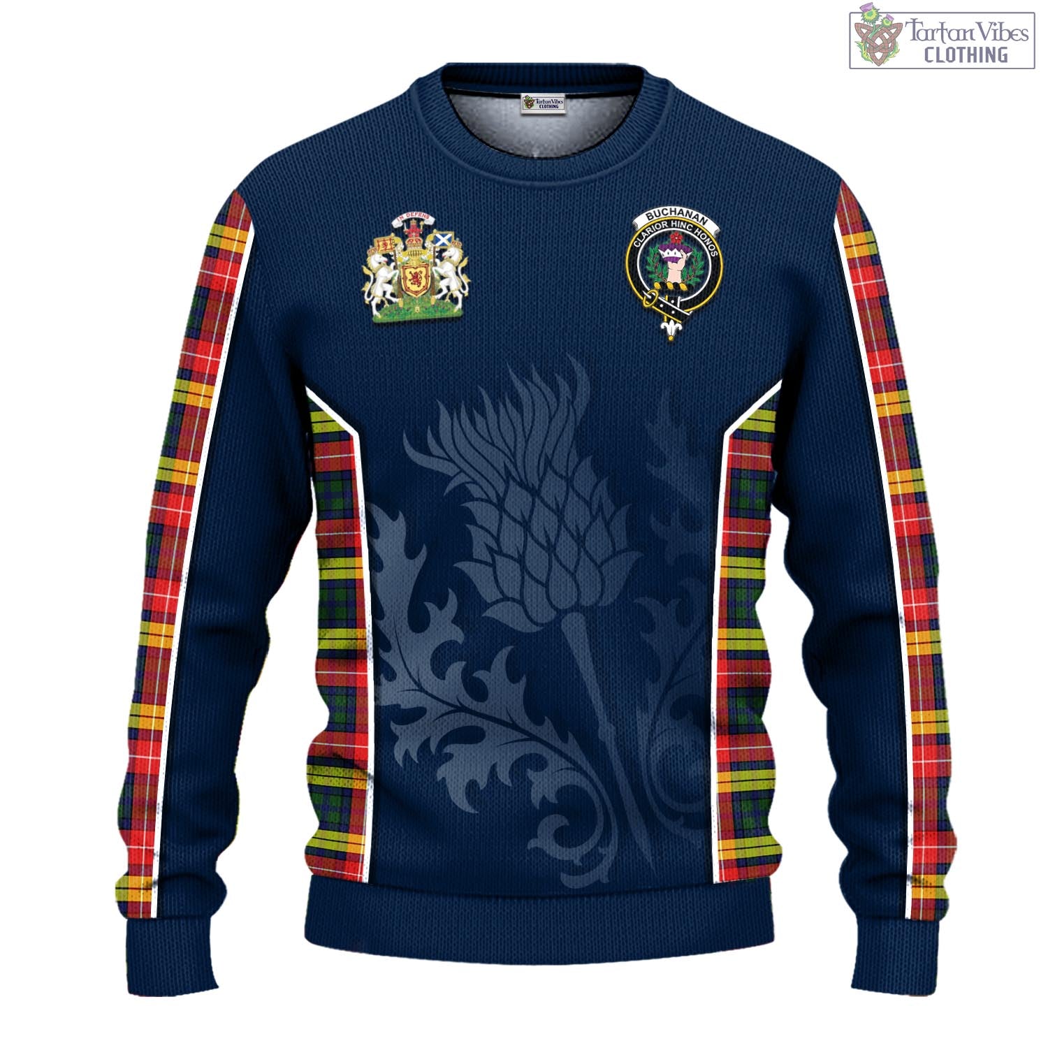 Tartan Vibes Clothing Buchanan Modern Tartan Knitted Sweatshirt with Family Crest and Scottish Thistle Vibes Sport Style