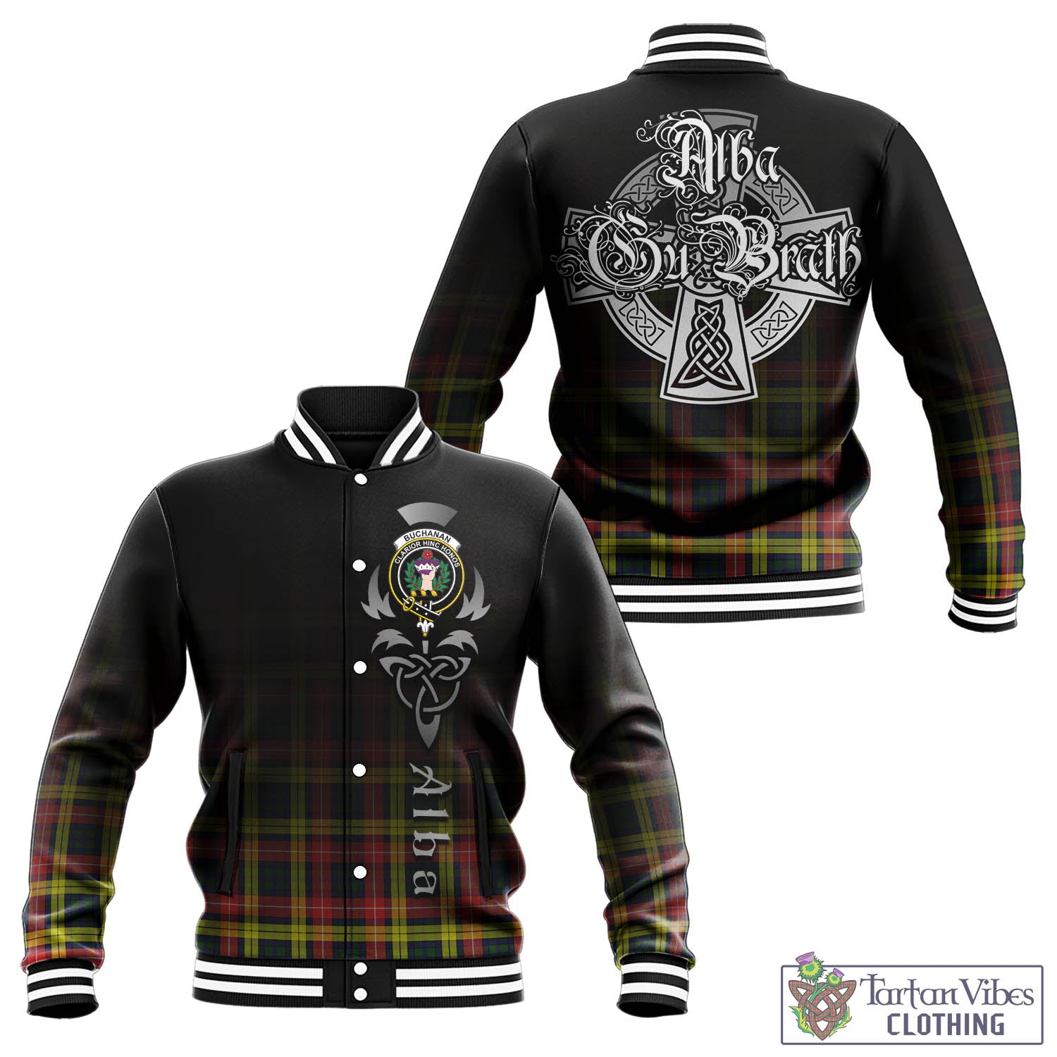 Tartan Vibes Clothing Buchanan Modern Tartan Baseball Jacket Featuring Alba Gu Brath Family Crest Celtic Inspired