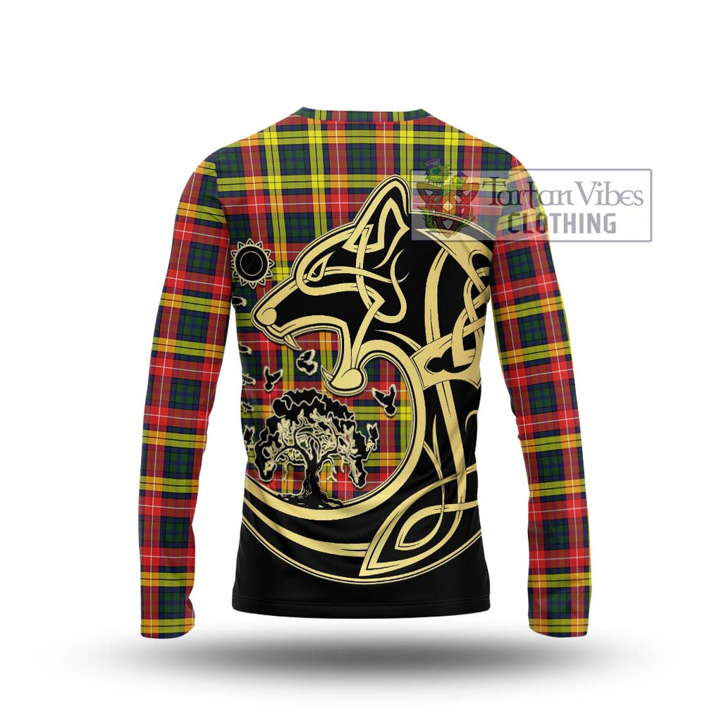 Buchanan Modern Tartan Long Sleeve T-Shirt with Family Crest Celtic Wolf Style - Tartan Vibes Clothing