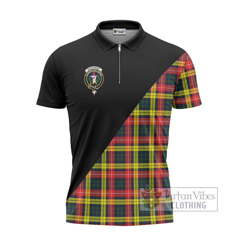 Buchanan Modern Tartan Zipper Polo Shirt with Family Crest and Military Logo Style - Tartanvibesclothing Shop