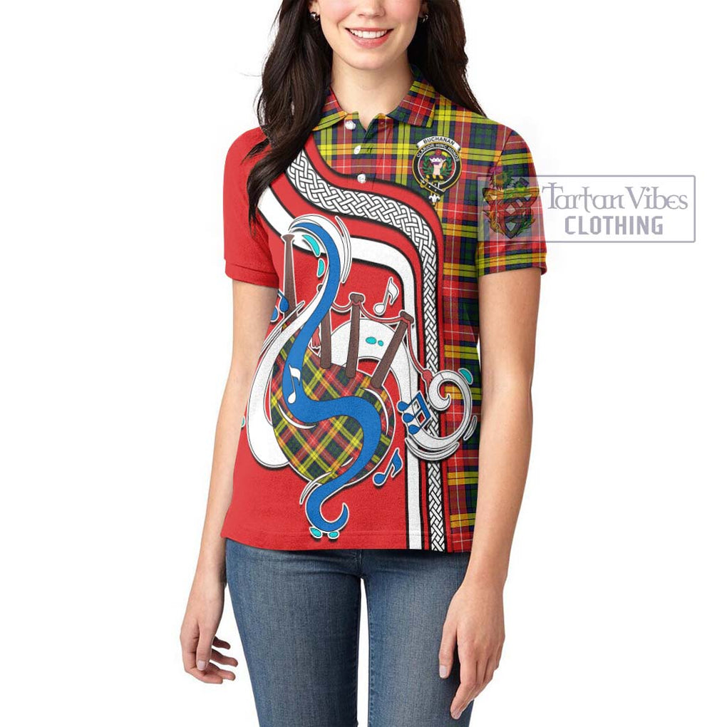 Buchanan Modern Tartan Women's Polo Shirt with Epic Bagpipe Style - Tartanvibesclothing Shop