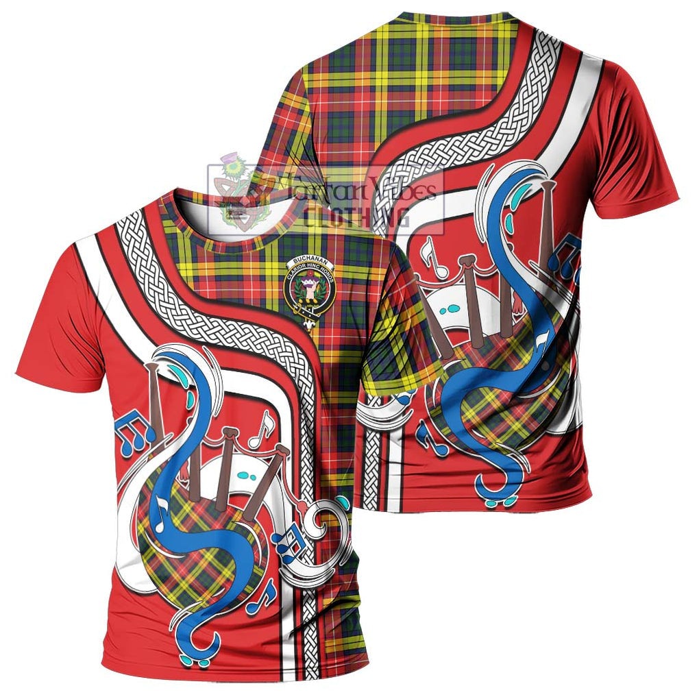 Buchanan Modern Tartan T-Shirt with Epic Bagpipe Style - Tartanvibesclothing Shop