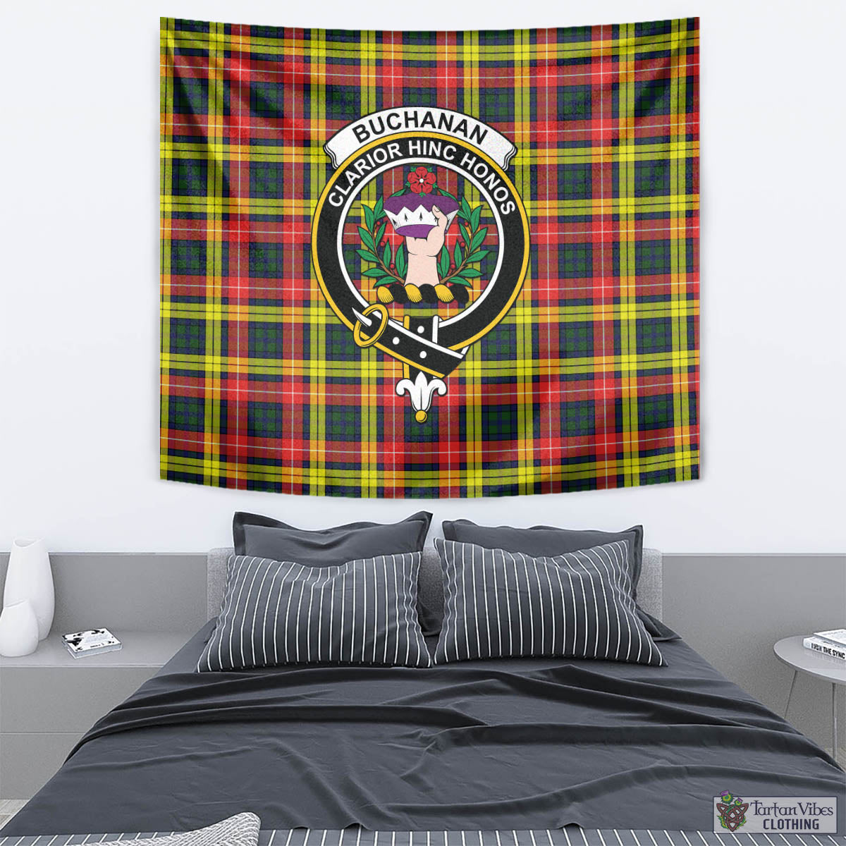 Tartan Vibes Clothing Buchanan Modern Tartan Tapestry Wall Hanging and Home Decor for Room with Family Crest